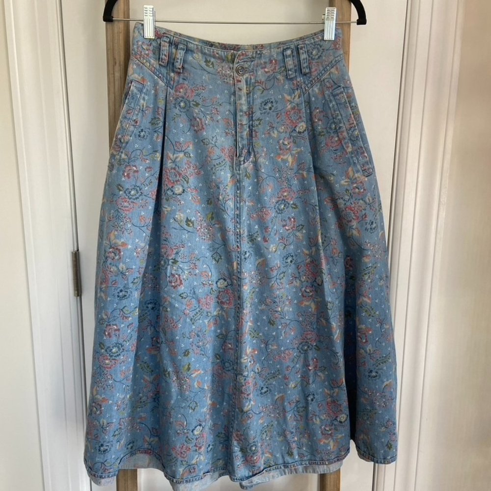 Vintage DENIM Midi Skirt with florals